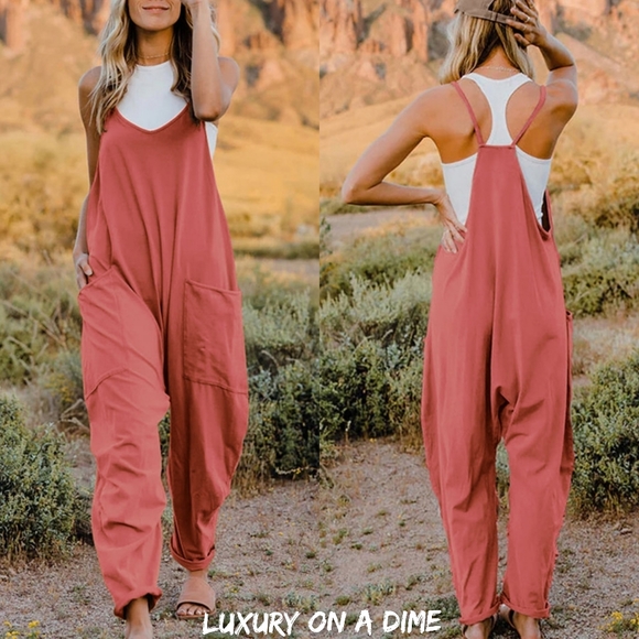 Oversized Hippie V-Neck Sleeveless Wide Leg Pant Pocket Jumpsuit Minimalist - Picture 1 of 7